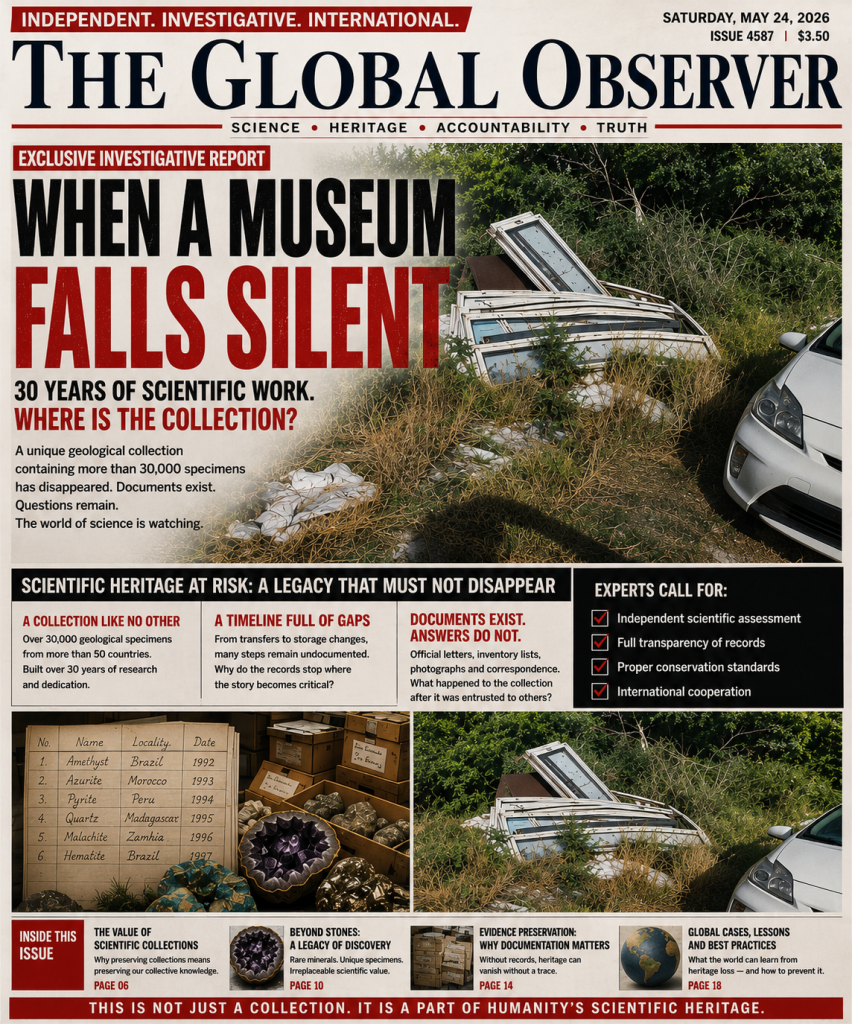 Investigative newspaper front page titled “When a Museum Falls Silent,” showing museum exhibition panels and scientific materials outdoors among overgrown vegetation, highlighting questions about the preservation of a geological collection in Georgia.