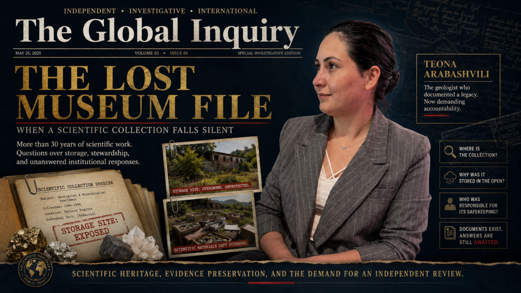 Investigative editorial featuring Teona Arabashvili and examining disputed claims about marital status, international travel, covered expenses, and the relationship of trust connected to the transfer of a scientific museum collection.